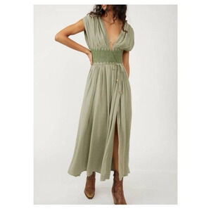 New Free People Devon Maxi Dress Small Khaki Green Smocked Embroidery Boho